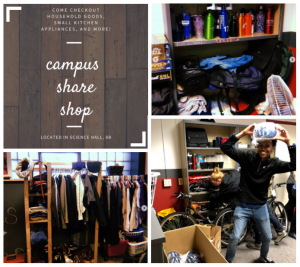 water bottles, clothes, and other items on shelves; student posing with bike hemet; text reads come check out household goods, small kitchen appliances, and more! Campus Share Shop, located in Science Hall 8A and students